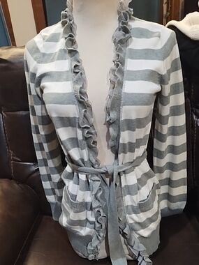 Epic Threads Striped Ruffle-Trim Belted Cardigan Sweater - Gray & White